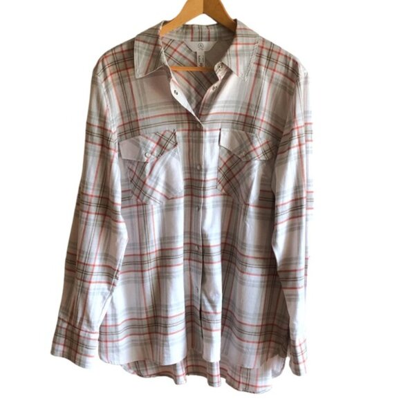 Addition Elle Plaid Button Up Shirt Size X Gray Peach and Orange Red - Picture 11 of 11